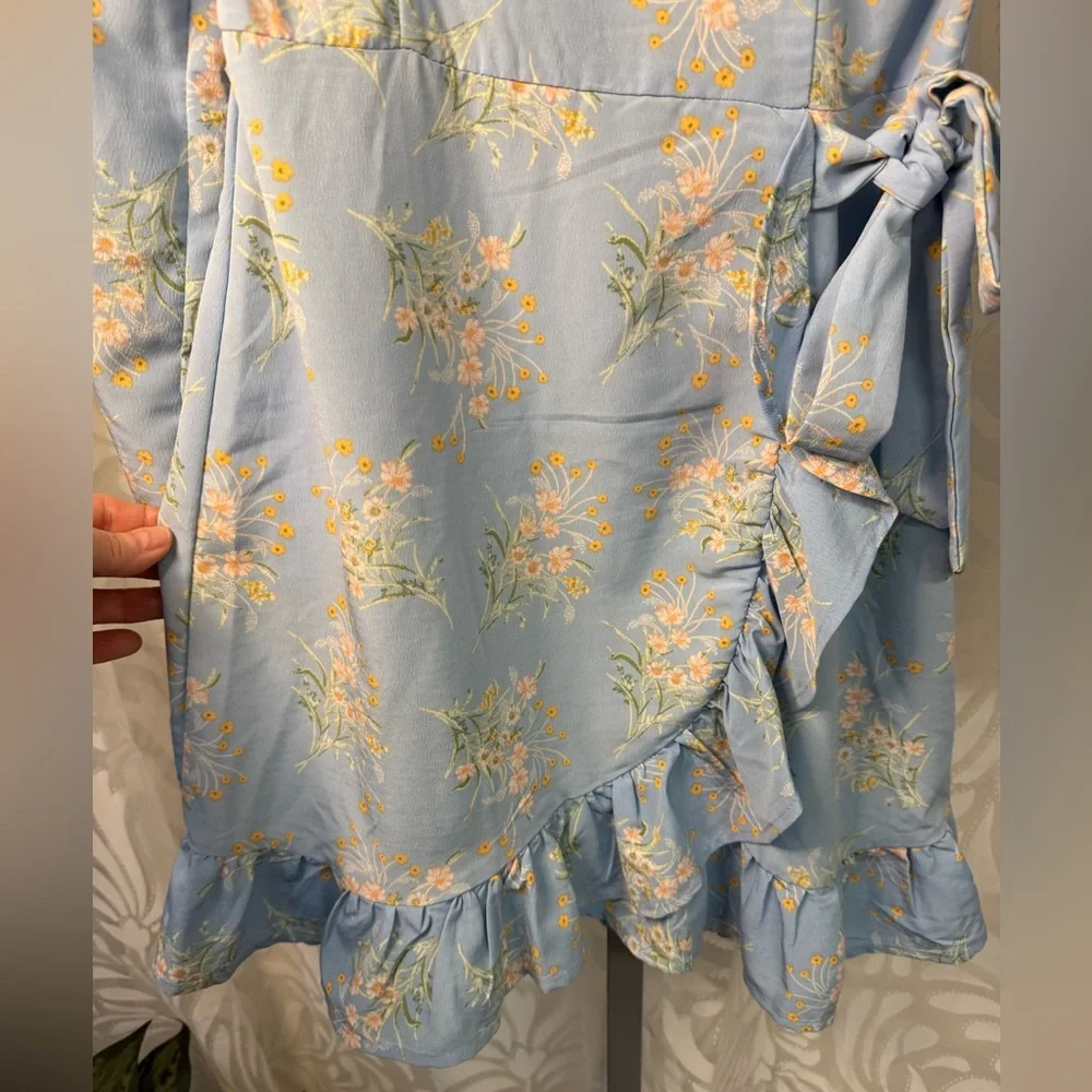 Lily Rose Light Blue Floral Padded Bra Long Sleeve Ruffle Dress - Picture 4 of 7